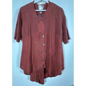 Cynthia Ashby Vintage Women's Tunic Top Red Linen Back Tie Button Down Long Back